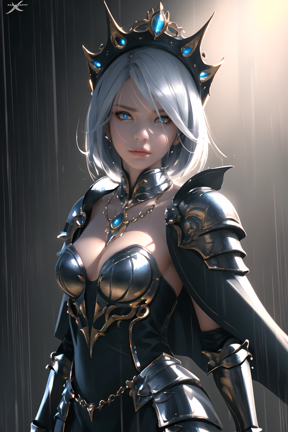 wlop, best quality, cinematic lighting, painting, fine art, 1girl, solo, rain, lips, white hair, armor, headpiece, looking...